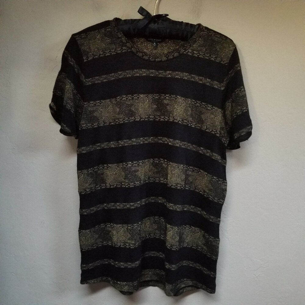 Lucky Brand Womens Medium Metallic Stripe Tee Shirt Top Short Sleeve Black Gold
